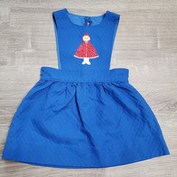 VINTAGE 1960s Pinafore Little Girl Applique Blue Jumper Dress Retro 3T - Picture 9 of 9